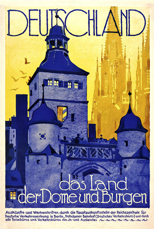 product-image A vintage travel poster by Ludwig Hohlwein featuring an illustration of castles and cathedrals, with the text Deutschland, das Land der Dome und Burgen in bold letters. Poster print available in A1 to A4 sizes.