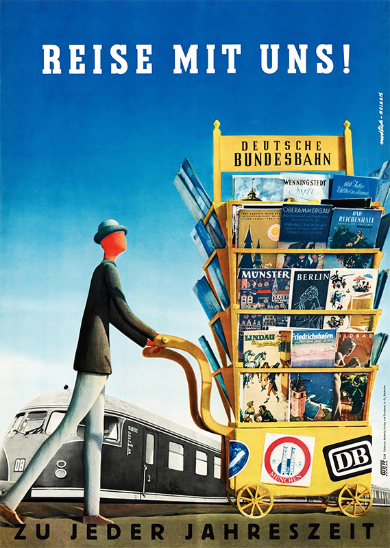 product-image A stylized figure pushes a cart filled with Deutsche Bundesbahn travel brochures in front of a train, with German text promoting Reise at any time of year—a perfect vintage Travel Poster. Poster print available in A1 to A4 sizes.
