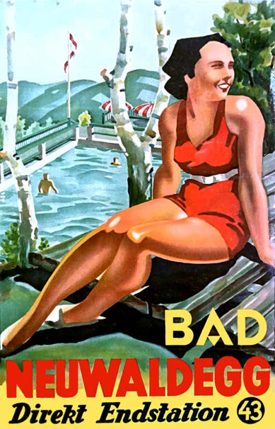 A vintage travel poster of a smiling woman in a red swimsuit sitting by a lake, with trees, a dock, and swimmers in the background. Text reads Bad Neuwaldegg Direkt Endstation 43. Poster print available in A1 to A4 sizes.