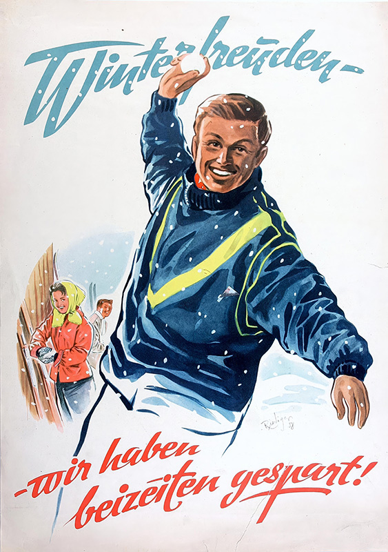 product-image A man in winter clothing throws a snowball, smiling, with a woman and child enjoying Winterfreuden in the snowy background. German text reads “Winter keeps coming—we stocked up in time!” Travel Poster style from 1958. Poster print available in A1 to A4 sizes.