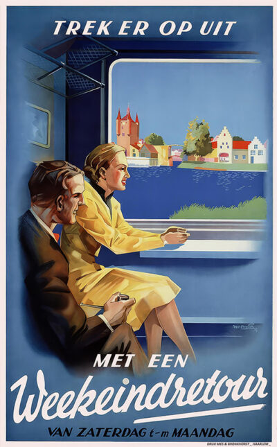 A man and woman sit in a train, looking out the window at water, trees, and colourful buildings; Dutch text highlights the Weekeindretour offer in this vintage Frans Mettes travel poster promoting weekend train travel. Poster print available in A1 to A4 sizes.