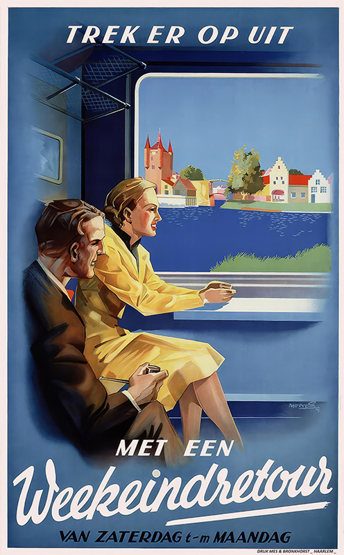 product-image A man and woman sit in a train, looking out the window at water, trees, and colourful buildings; Dutch text highlights the Weekeindretour offer in this vintage Frans Mettes travel poster promoting weekend train travel. Poster print available in A1 to A4 sizes.