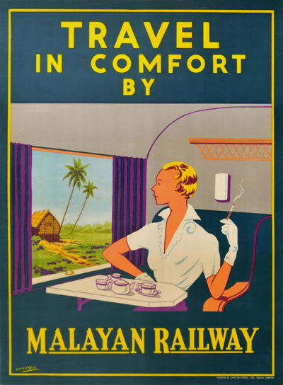 A woman sits in a train compartment with tea and a cigarette, gazing out at a tropical landscape. This travel poster by J.R. Charton reads: Travel in comfort by Malayan Railways. Poster print available in A1 to A4 sizes.