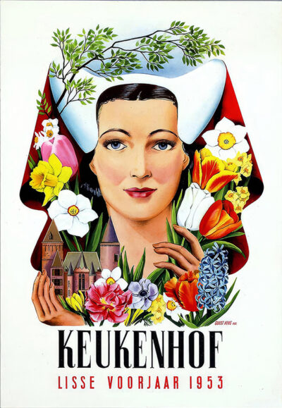 Vintage travel poster featuring a woman with flowers and buildings around her head, advertising Keukenhof in Lisse for spring 1953. Poster print available in A1 to A4 sizes.