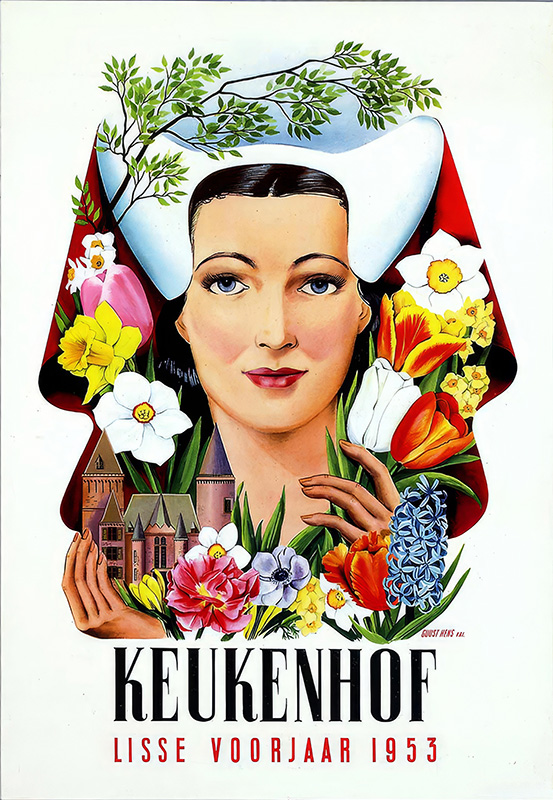Vintage travel poster featuring a woman with flowers and buildings around her head, advertising Keukenhof in Lisse for spring 1953. Poster print available in A1 to A4 sizes.