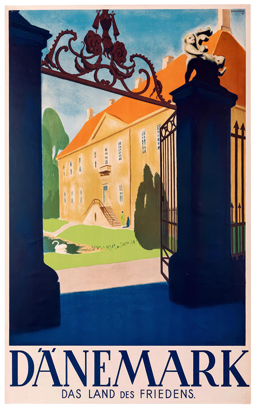product-image Vintage Travel Poster from 1937 showing a grand building through an ornate gate, with Dänemark and DAS LAND DES FRIEDENS written at the bottom. Poster print available in A1 to A4 sizes.