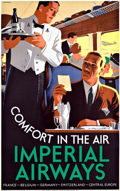 A vintage travel poster shows a waiter serving a well-dressed man on an airplane, with passengers in the background. Text reads: Comfort in the Air – Imperial Airways. Destinations are listed below, capturing the golden age of air travel. Poster print available in A1 to A4 sizes.