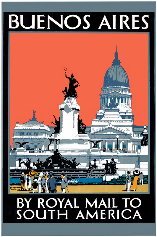 product-image Vintage travel poster featuring Buenos Aires National Congress, a grand statue, and people in period dress; reads By Royal Mail to South America. Poster print available in A1 to A4 sizes.