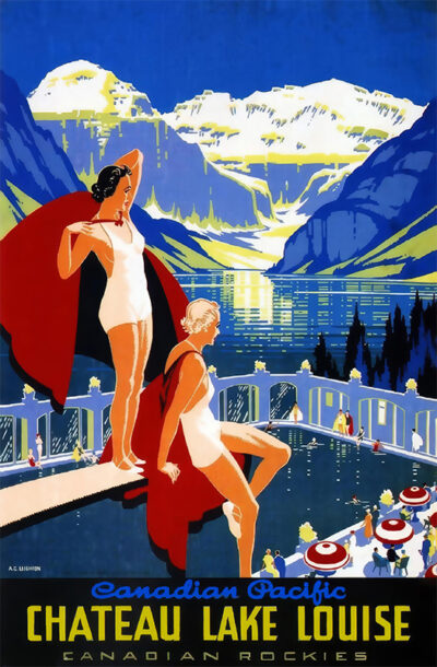 product-image Vintage travel poster featuring two women in swimsuits by a pool, with snow-capped mountains and Lake Louise in the background. Text: Chateau Lake Louise, Canadian Pacific, Canadian Rockies. Poster print available in A1 to A4 sizes.