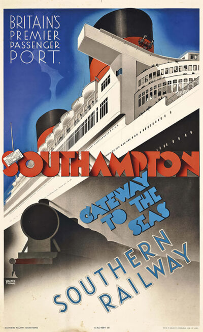 Art Deco-style travel poster showcasing Southampton as Britain’s premier passenger port, featuring a grand cruise ship, speeding train, and bold Southern Railway text. Poster print available in A1 to A4 sizes.