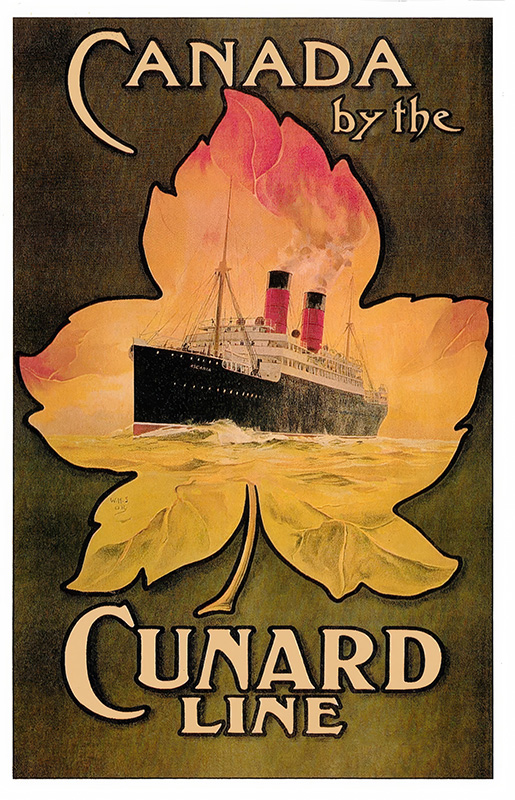 product-image A vintage Canada travel poster features a steamship framed by a maple leaf, with the text Canada by the Cunard Line. Poster print available in A1 to A4 sizes.