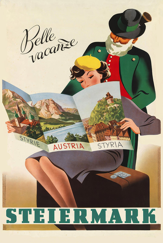 A woman reads a map labeled “Styria Austria” while a man in traditional attire stands behind her. The text reads Belle Vacanze and highlights the charm of Steiermark, just a scenic journey from Wien. Poster print available in A1 to A4 sizes.