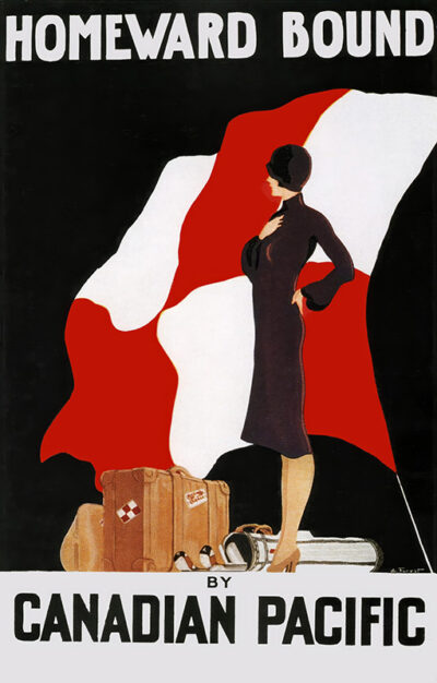 A vintage travel poster features a woman in a dark dress beside luggage, standing before a large red and white flag, with Homeward Bound by Canadian Pacific displayed above and below. Poster print available in A1 to A4 sizes.