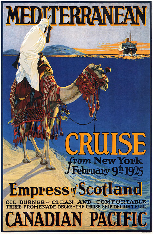 product-image Vintage travel poster advertising a Mediterranean Cruise with Canadian Pacific on the Empress of Scotland, departing New York on February 9, 1925, featuring a person on a camel by the sea. Poster print available in A1 to A4 sizes.