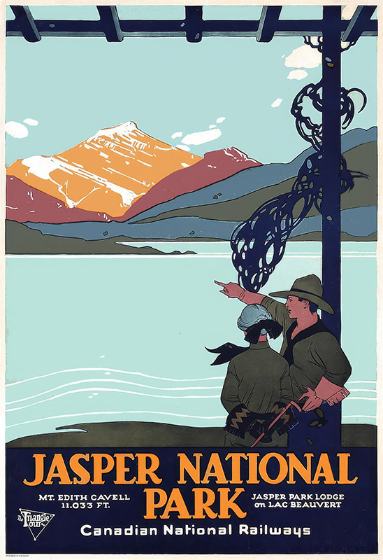 product-image A vintage Jasper National Park travel poster features two people overlooking a lake with mountains behind them, capturing the scenic beauty promoted by Canadian National Railways. Poster print available in A1 to A4 sizes.