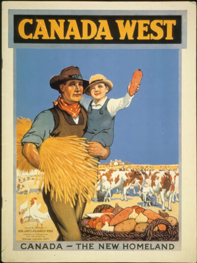 A man holding a child and a bundle of wheat stands in front of cows and produce under the text Canada West with the slogan Canada—The New Homeland, as seen on this 1925 Poster for Homeland Travel. Poster print available in A1 to A4 sizes.