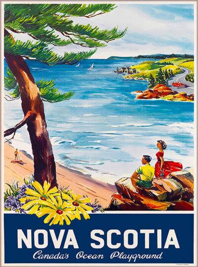 Vintage travel poster of Nova Scotia, Canada’s ocean playground, featuring a scenic coastline with people enjoying the beach, flowers in the foreground, and sailboats on the water. Text reads: Nova Scotia – Canadas Ocean Playground. Poster print available in A1 to A4 sizes.