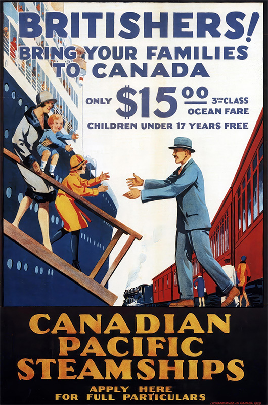 product-image A family disembarks a ship and is greeted by a man in a suit; text on this 1929 poster encourages British families to choose Canada travel via Canadian Pacific Steamships for just $15 fare. Poster print available in A1 to A4 sizes.