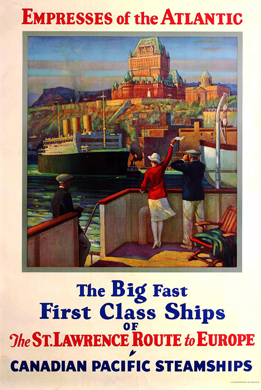 Vintage 1936 travel poster shows people waving at a large ship departing the harbor, with a city and grand hotel beyond. Text promotes Atlantic travel with Canadian Pacific Steamships to Europe. Poster print available in A1 to A4 sizes.