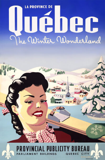 Vintage travel poster for Québec, showing a smiling woman in winter attire with a snowy village, ski hills, and trees in the background. The text invites you to explore Québec—The Winter Wonderland. Poster print available in A1 to A4 sizes.