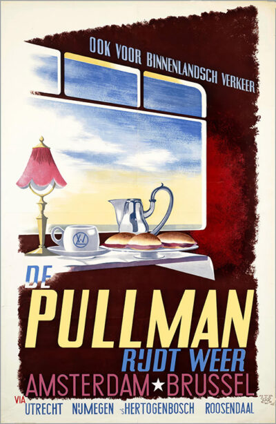 Vintage Travel Poster from 1945 shows a breakfast table by a train window, promoting the Pullman Amsterdam-Brussel route through picturesque Dutch cities. Poster print available in A1 to A4 sizes.