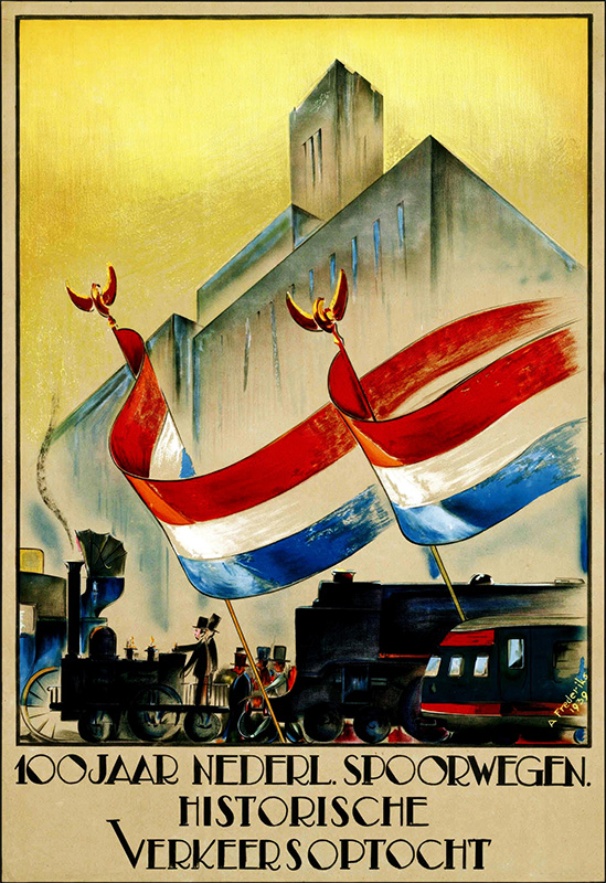 Vintage travel poster 1939 showing two large Dutch flags, a steam train, and a modern train in front of a building, celebrating 100 years of Nederl Spoorwegen with text about the historische verkeersoptocht. Poster print available in A1 to A4 sizes.