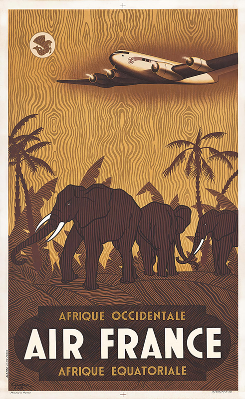Vintage Air France poster by Vincent Guerra from 1948 showcases a plane soaring above elephants and palm trees, with text highlighting routes to West and Equatorial Africa. Poster print available in A1 to A4 sizes.