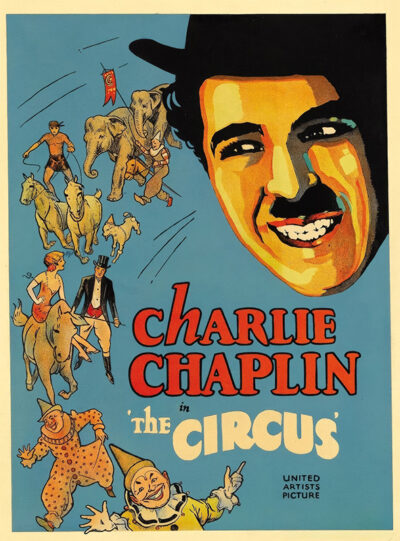 Vintage movie poster for the 1928 Charlie Chaplin classic The Circus, featuring Chaplin’s smiling face, circus performers, animals, and bold, colourful text. Movie poster print available in A1 to A4 sizes.