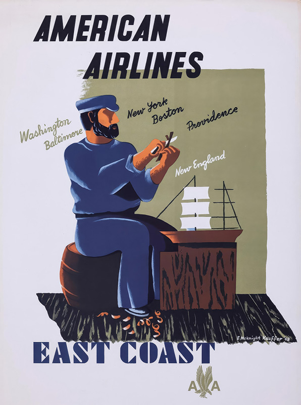 A stylized vintage poster for American Airlines by E. McKnight Kauffer shows a sailor carving a ship, with destinations like New York, Boston, and Providence; “EAST COAST” highlights this classic celebration of East Coast Travel. Poster print available in A1 to A4 sizes.
