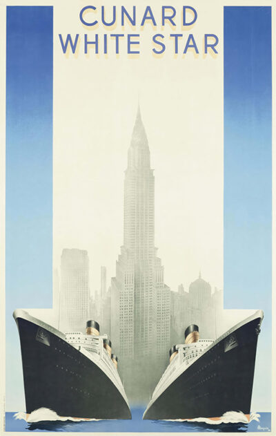 Vintage 1947 travel poster featuring two ocean liners in the foreground and a skyscraper silhouette in the background, with Cunard White Star Line elegantly displayed at the top. Poster print available in A1 to A4 sizes.