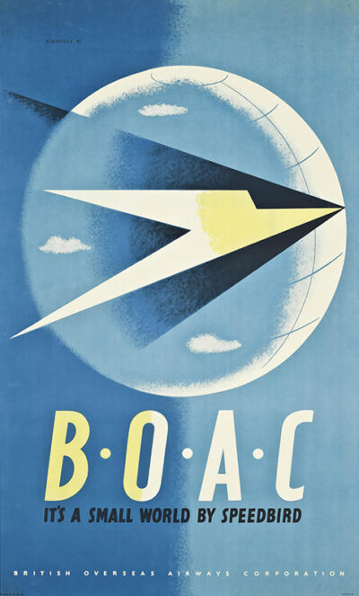 A stylized jet with a yellow beak flies across a blue sky and globe, echoing Tom Eckersleys iconic 1947 BOAC travel poster, with the text B.O.A.C Its a small world by Speedbird and British Overseas Airways Corporation. Poster print available in A1 to A4 sizes.