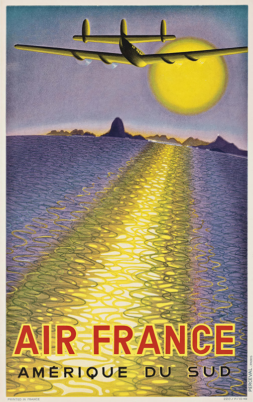 Vintage Air France poster, inspired by Victor Vasarely, shows an airplane flying over water toward the sun with a bright reflection, promoting travel to Amérique du Sud. Text reads: Air France Amérique du Sud. Poster print available in A1 to A4 sizes.