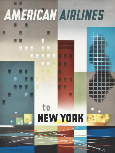 Vintage American Airlines travel poster featuring abstract city buildings and lights, with the text AMERICAN AIRLINES to NEW YORK in bold letters. Poster print available in A1 to A4 sizes.