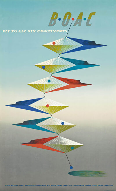 Vintage BOAC travel poster from 1950, designed by Abram Games, featuring abstract geometric shapes in blue, yellow, red, and green with the text Fly to all six continents. Poster print available in A1 to A4 sizes.