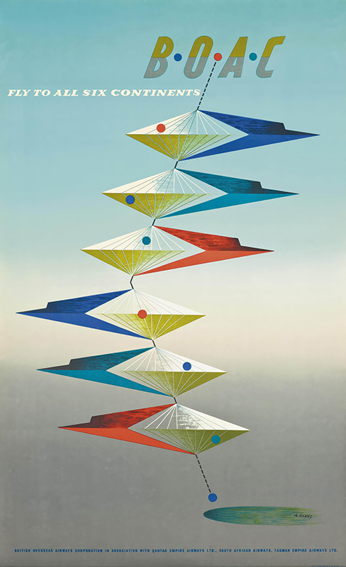 product-image Vintage BOAC travel poster from 1950, designed by Abram Games, featuring abstract geometric shapes in blue, yellow, red, and green with the text Fly to all six continents. Poster print available in A1 to A4 sizes.