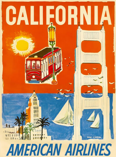 Vintage travel poster featuring California in large text, with a classic 1950s cable car, sun, Golden Gate Bridge, sailboats, city buildings, palm trees, and American Airlines at the bottom. Poster print available in A1 to A4 sizes.