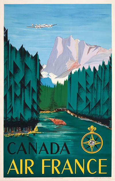 A vintage Air France travel poster shows a plane soaring over a mountain landscape with a river, pine trees, and a small boat, capturing the allure of travel to Canada. Poster print available in A1 to A4 sizes.