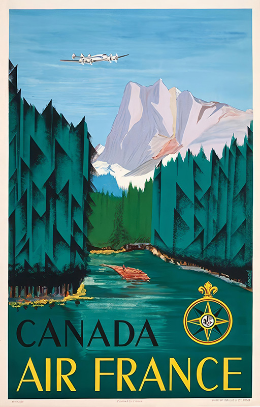 product-image A vintage Air France travel poster shows a plane soaring over a mountain landscape with a river, pine trees, and a small boat, capturing the allure of travel to Canada. Poster print available in A1 to A4 sizes.