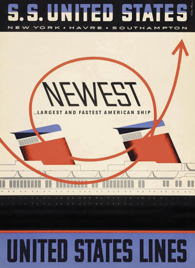 Vintage travel poster for the SS United States, designed by Lester Thomas Beall, featuring two ship funnels and text promoting it as the newest, largest, and fastest American ship for United States Lines. Poster print available in A1 to A4 sizes.