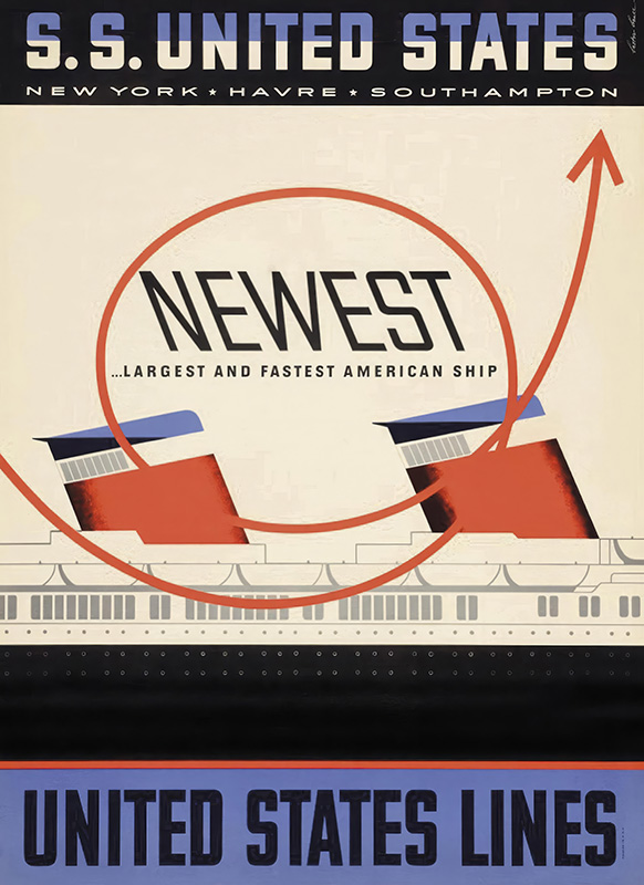 product-image Vintage travel poster for the SS United States, designed by Lester Thomas Beall, featuring two ship funnels and text promoting it as the newest, largest, and fastest American ship for United States Lines. Poster print available in A1 to A4 sizes.