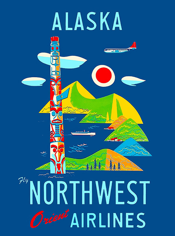 product-image Vintage 1952 poster for Northwest Orient Airlines showcases a totem pole, mountains, water, and a plane—inviting you to experience Alaska travel at its finest. Poster print available in A1 to A4 sizes.