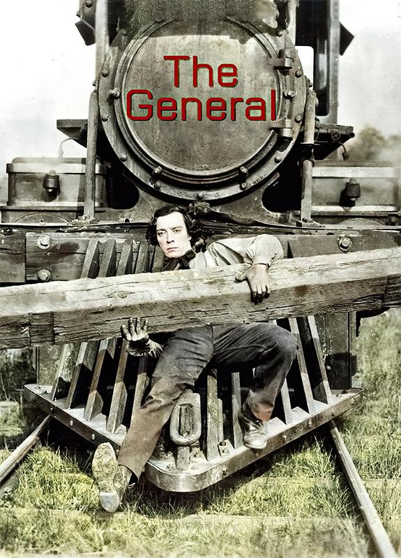 product-image A black-and-white image from 1926 shows a man holding a wooden beam while sitting on the front of a steam locomotive. The text The General appears above him. Movie poster print available in A1 to A4 sizes.