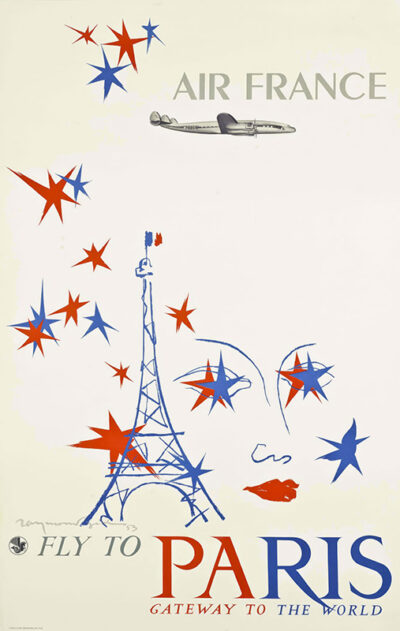 Vintage Air France Paris Travel Poster featuring an airplane, colourful stars, a sketch of the Eiffel Tower, and the text Fly to Paris, Gateway to the World. Designed in the iconic style of Raymond Gid. Poster print available in A1 to A4 sizes.