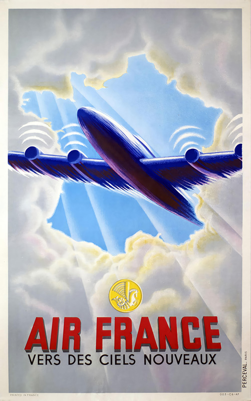 product-image A vintage 1953 Air France travel poster shows a blue airplane flying upward through clouds with sunlight streaming through, and the slogan “Vers des ciels nouveaux” below. Poster print available in A1 to A4 sizes.