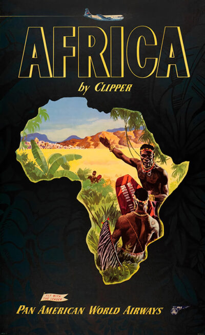 Vintage 1954 Pan American poster with the word AFRICA, an illustrated map showing people in traditional clothing, landscape, and a plane flying overhead. Africa By Clipper and Pan American World Airways appear at the bottom. Poster print available in A1 to A4 sizes.
