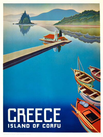 Vintage travel poster featuring boats on blue water, a small white church on a narrow pier, and lush green hills with “Greece Island of Corfu” at the bottom—a classic tribute to Corfu’s timeless charm. Poster print available in A1 to A4 sizes.
