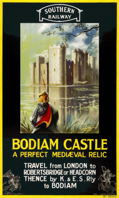 A vintage travel poster for Southern Railway showcases an illustration of a knight gazing at Bodiam Castle across its moat, inviting adventurers to explore the medieval landmark. A1 to A4 print sizes.