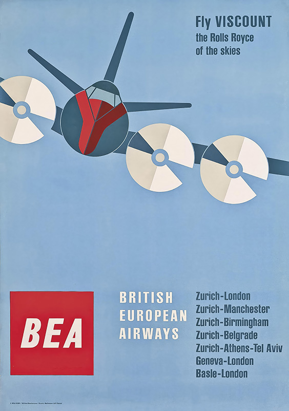 Vintage British European Airways Viscount Poster featuring a stylized airplane and propellers, advertising BEA flights to European cities while promoting the iconic Viscount Rolls Royce aircraft. Poster print available in A1 to A4 sizes.