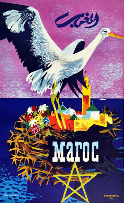A painted 1956 Maroc Travel Poster shows a stork on a nest above a cityscape with Maroc in bold letters and a yellow star, under a purple sky with Arabic script. Poster print available in A1 to A4 sizes.