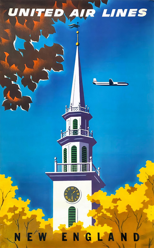 A classic travel poster features a white church steeple with a clock nestled among autumn trees in New England, as an airplane from United Air Lines flies nearby. Poster print available in A1 to A4 sizes.